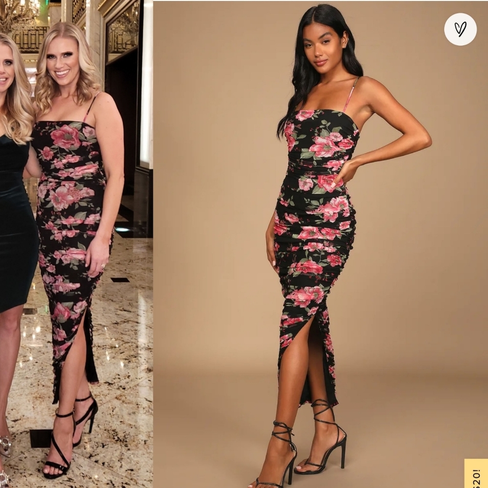 Stun and Only Black Floral Print Ruched Mesh Bodycon Midi Dress